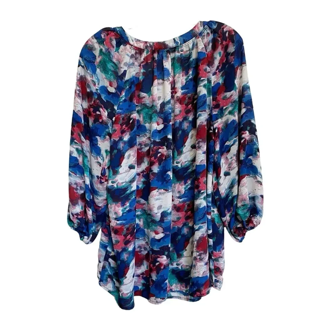 Dalia Women's Split V-Neck Bold Watercolor Popover Dressy‎ Blouse 1X - Picture 2 of 9